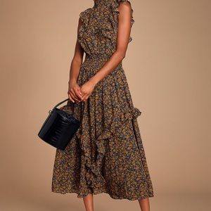Evalina Mustard Yellow Floral Print Mock Neck Midi Dress